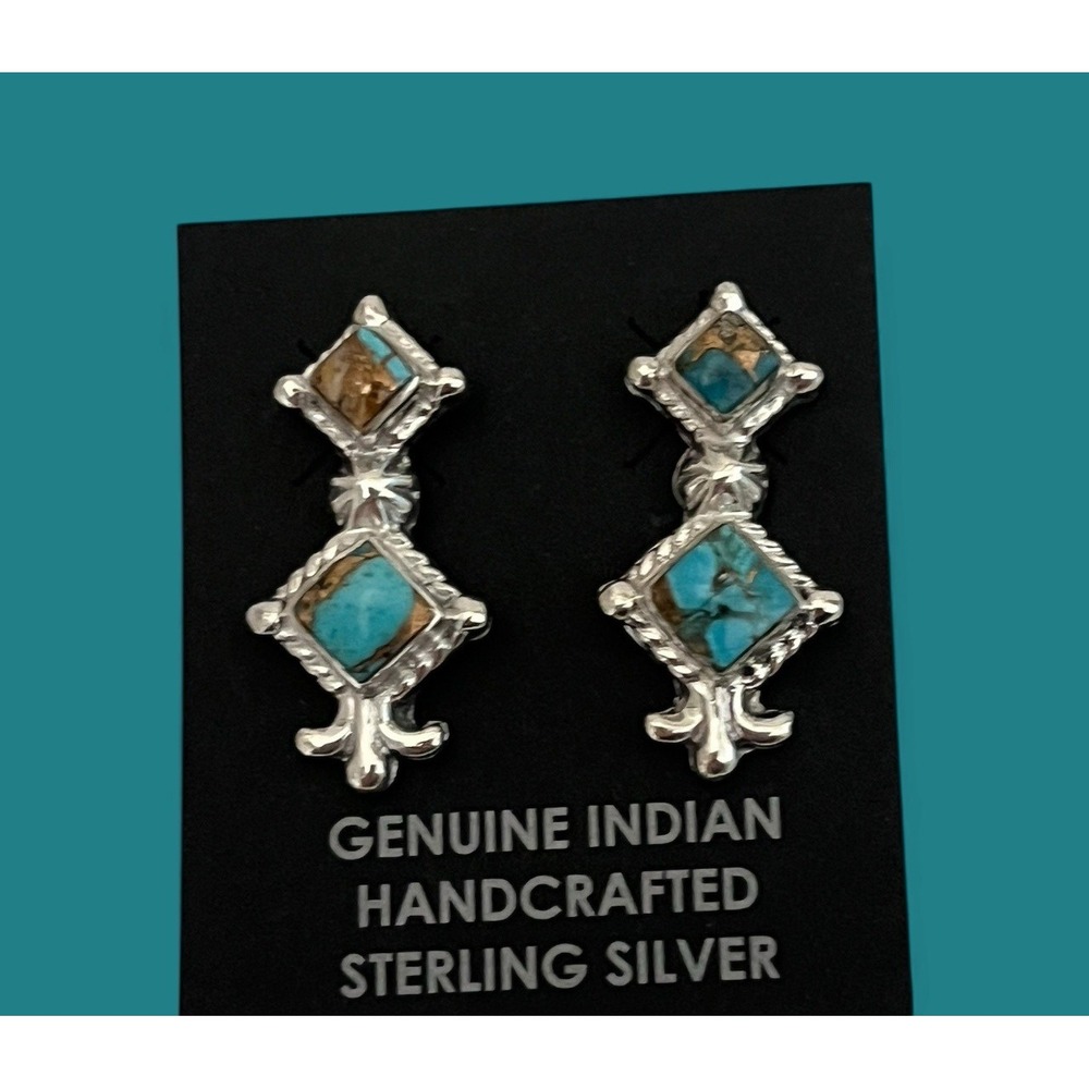 Navajo Native American Sadie Jim Sterling Silver Turquoise Spiny Earrings Post - Picture 4 of 9